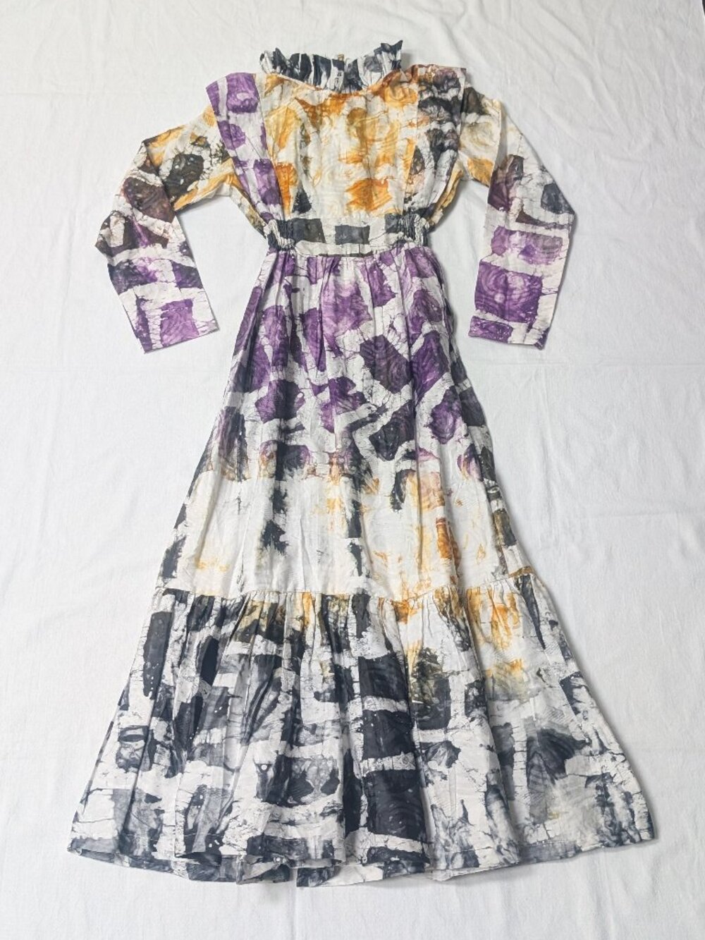 Busayo Ruffle High Neck Maxi Dress Long Sleeve Size M Black/Purple/White